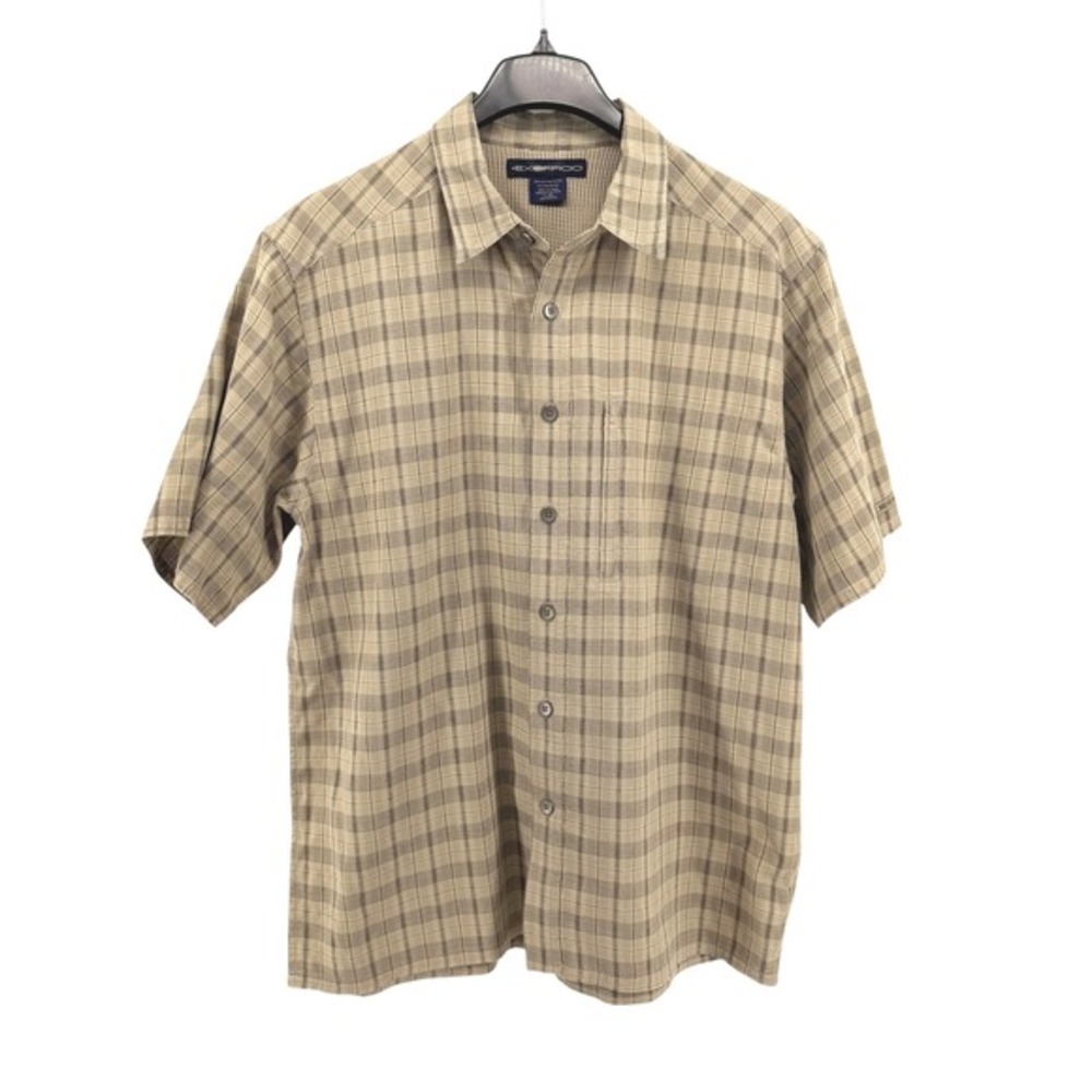 ExOfficio Mens Large Pre-Owned Shirt Front Zip Pocket Tan Plaid Hiking‎ Utility
